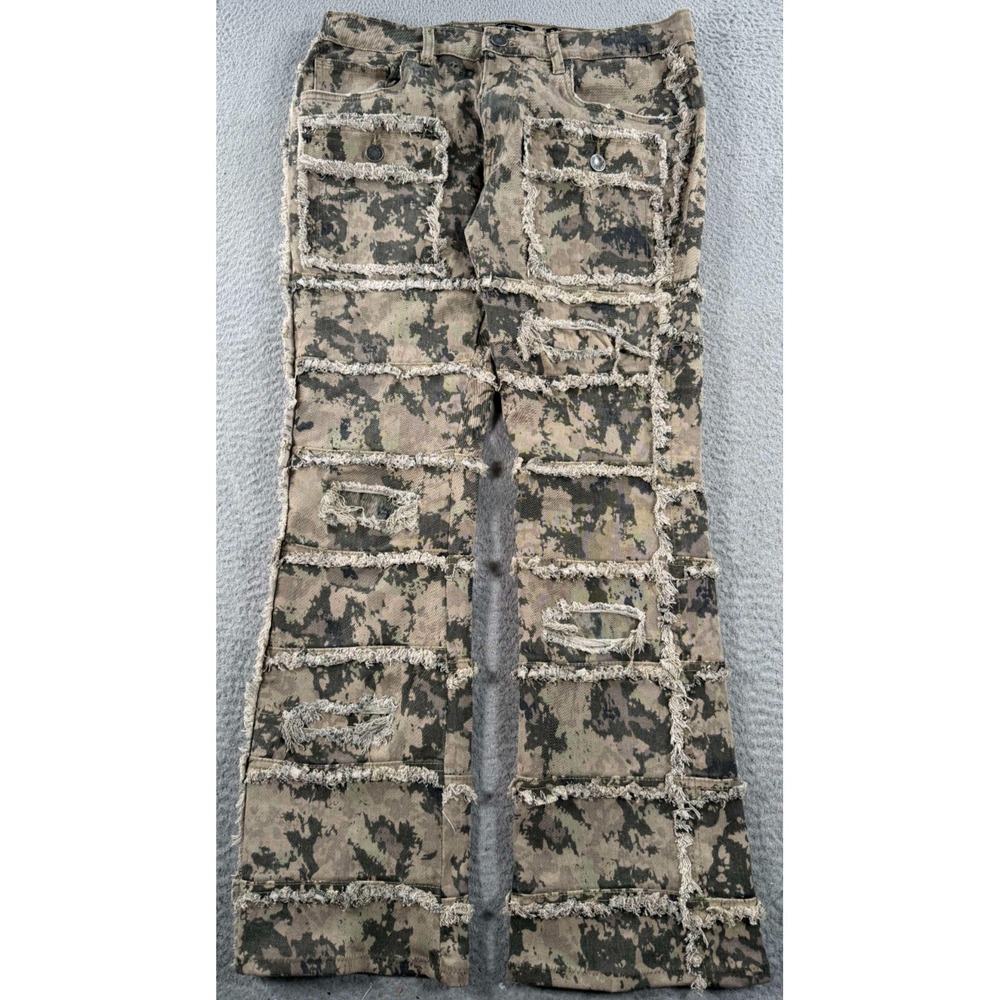 Another Hype Piece AHP Jeans Men's 34x29‎ Camo Cargo Stacked Flare Distressed
